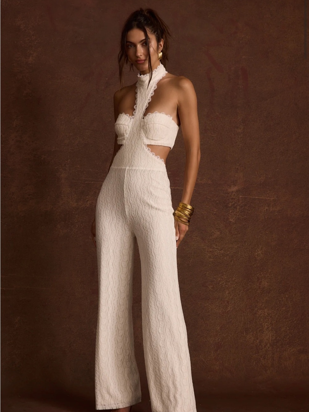 Scalloped Lace Halter Cutout Wide-Leg Jumpsuit in Cream